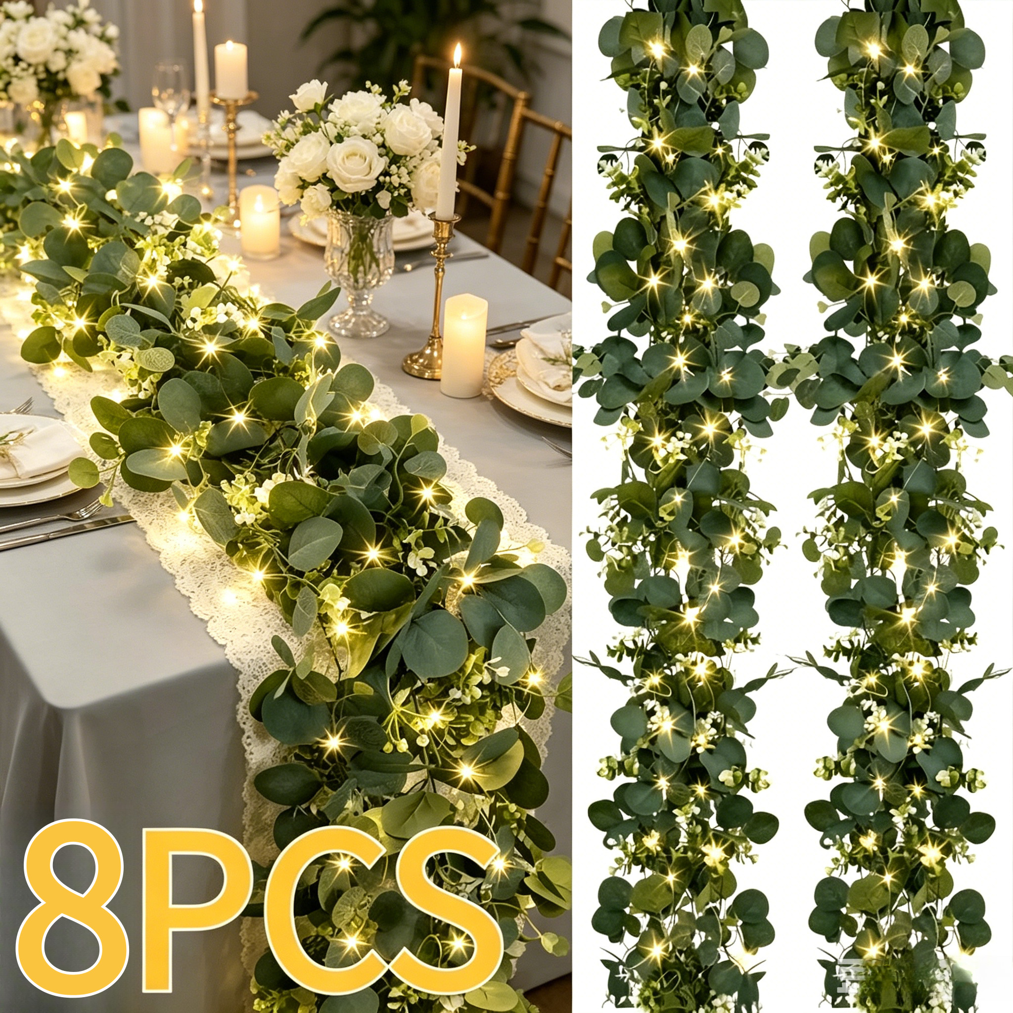 TEMU Halloween Christmas 8pcs 6ft Lighted Eucalyptus Wreaths, Artificial Faux Green Eucalyptus Leaf Vines, Green Floral Wreath Decorations For Table
