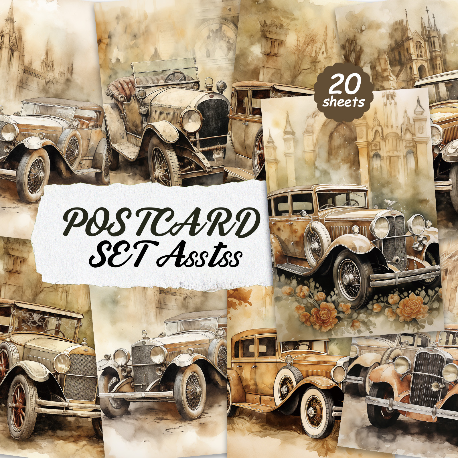 TEMU Set Of 20 Assorted Vintage Car Postcards - Measuring 4x6 Inches, Featuring Classic Pinup Art, Perfect For Scrapbooking And Crafting
