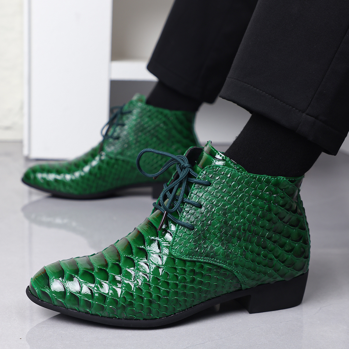 Men\'s Green Velvet Printed Chelsea Slip-on Dress Ankle Formal Casual Boots Green Velvet DressShoes​ ​| Amali Throne | Just Men`s Shoes  main image 3