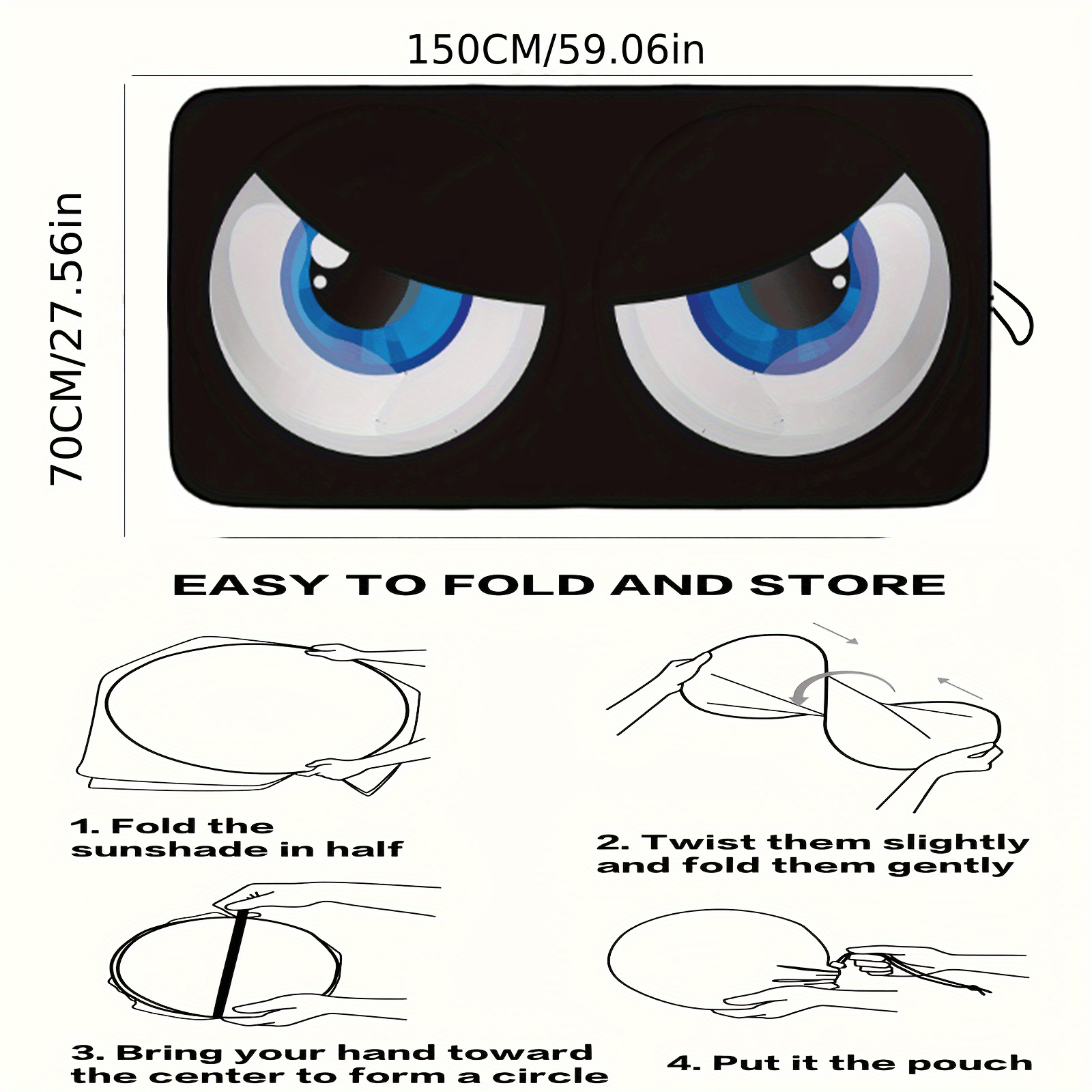 TEMU Cute Anime Cartoon Eyes Windshield Shade - Uv Protection, Foldable Plastic Car Sunshade For Cooling Your Vehicle, Ideal For Suvs And Other