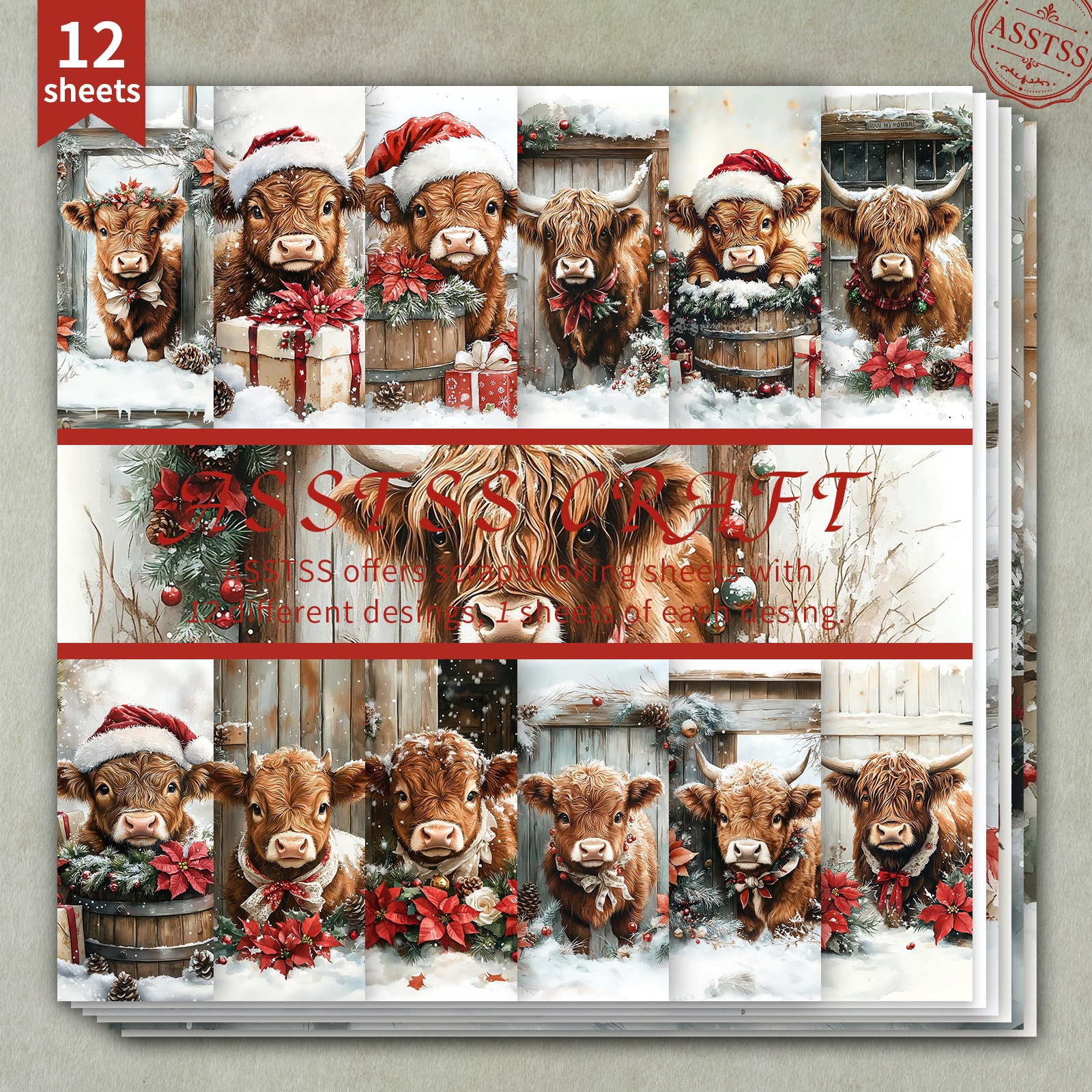 TEMU 12-sheet Asstss 6*6inch Scrapbooking Paper Pad,christmas Highland Cows Snowy Winter Landscapes Style Backing Paper Supplies, Heavyweight
