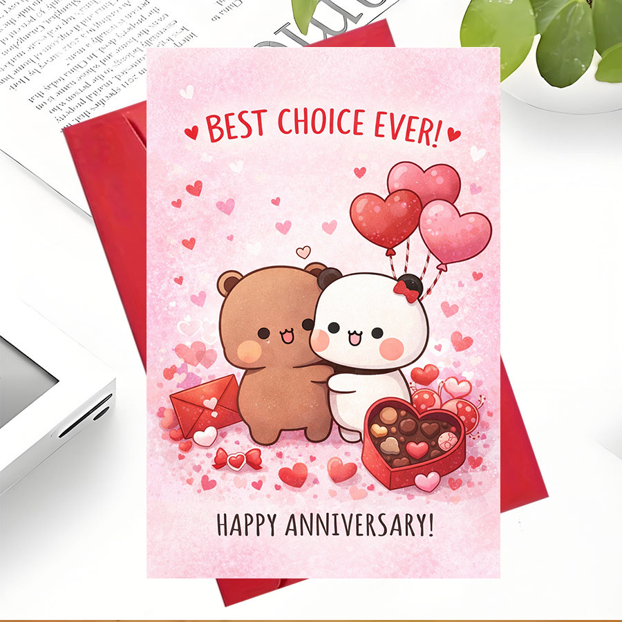 TEMU A Single Lovely Anniversary Card Featuring A Cute Bear And Panda Embracing Heart-shaped Balloons, Ideal For Romantic Occasions And Celebrations