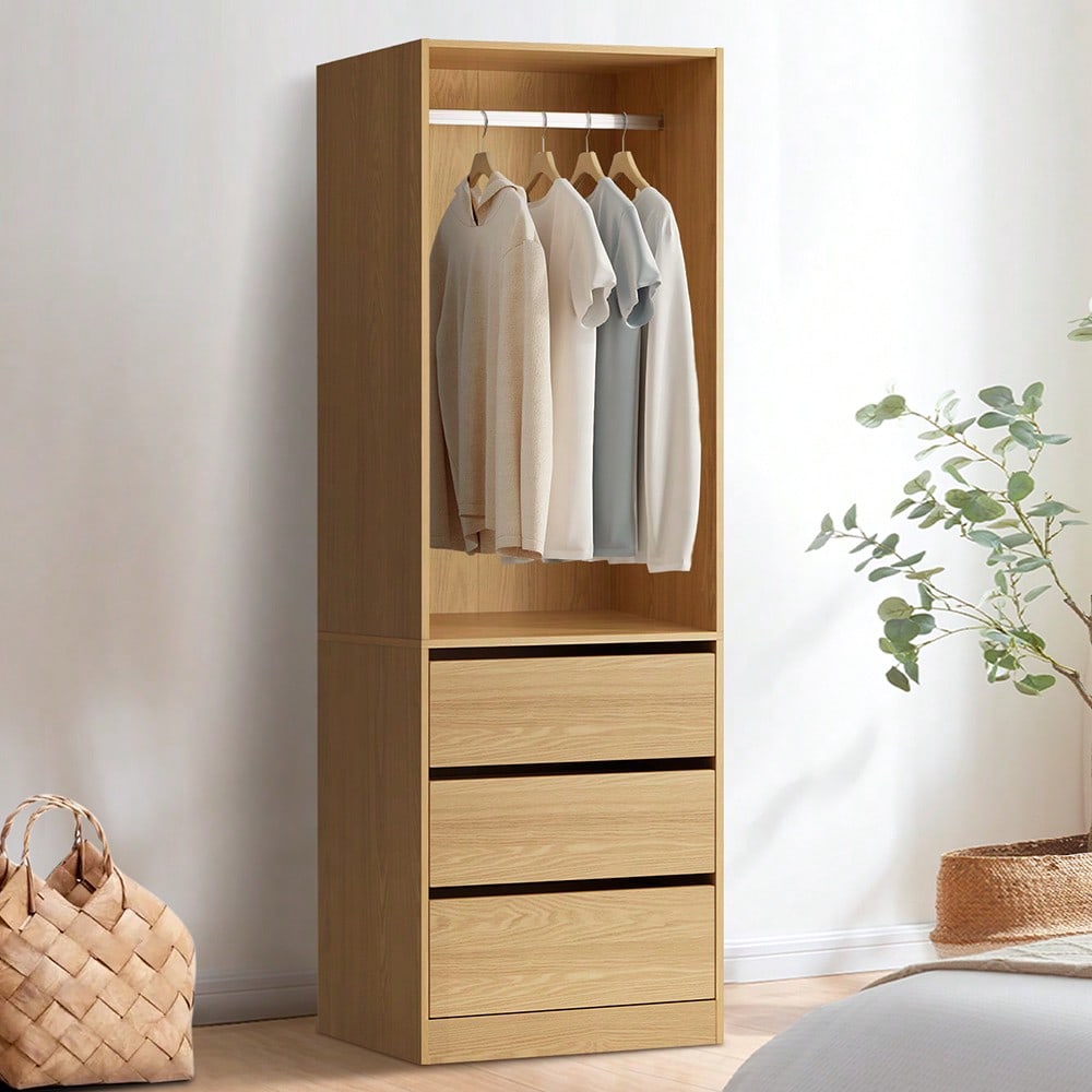 TEMU Modern Wardrobe Closet Organizer With 3-drawer Storage Cabinet & Hanging Rail Shelf - Freestanding Dresser Suitable For Small Spaces, Assembly,