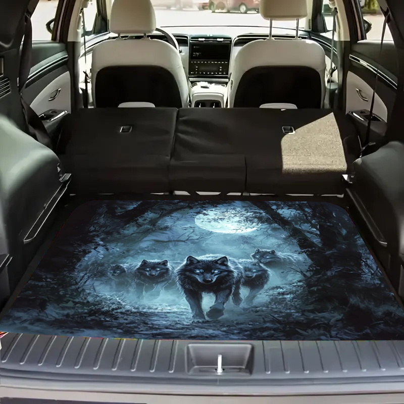 TEMU 1pc Alfombrilla para Maletero de Coche con Estampado Nocturno de Lobo - Forro de Terciopelo Cristal, Fácil de Limpiar, Mantén tu Vehículo Limpio
