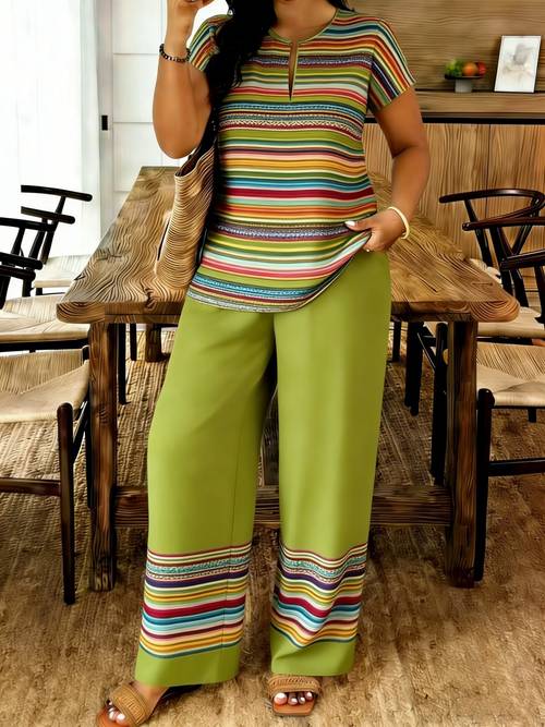 womens summer casual two piece set small v neck short sleeve top and casual long pants popular vacation with printed artistic patterns made of soft comfortable fabric suitable for holidays or eve