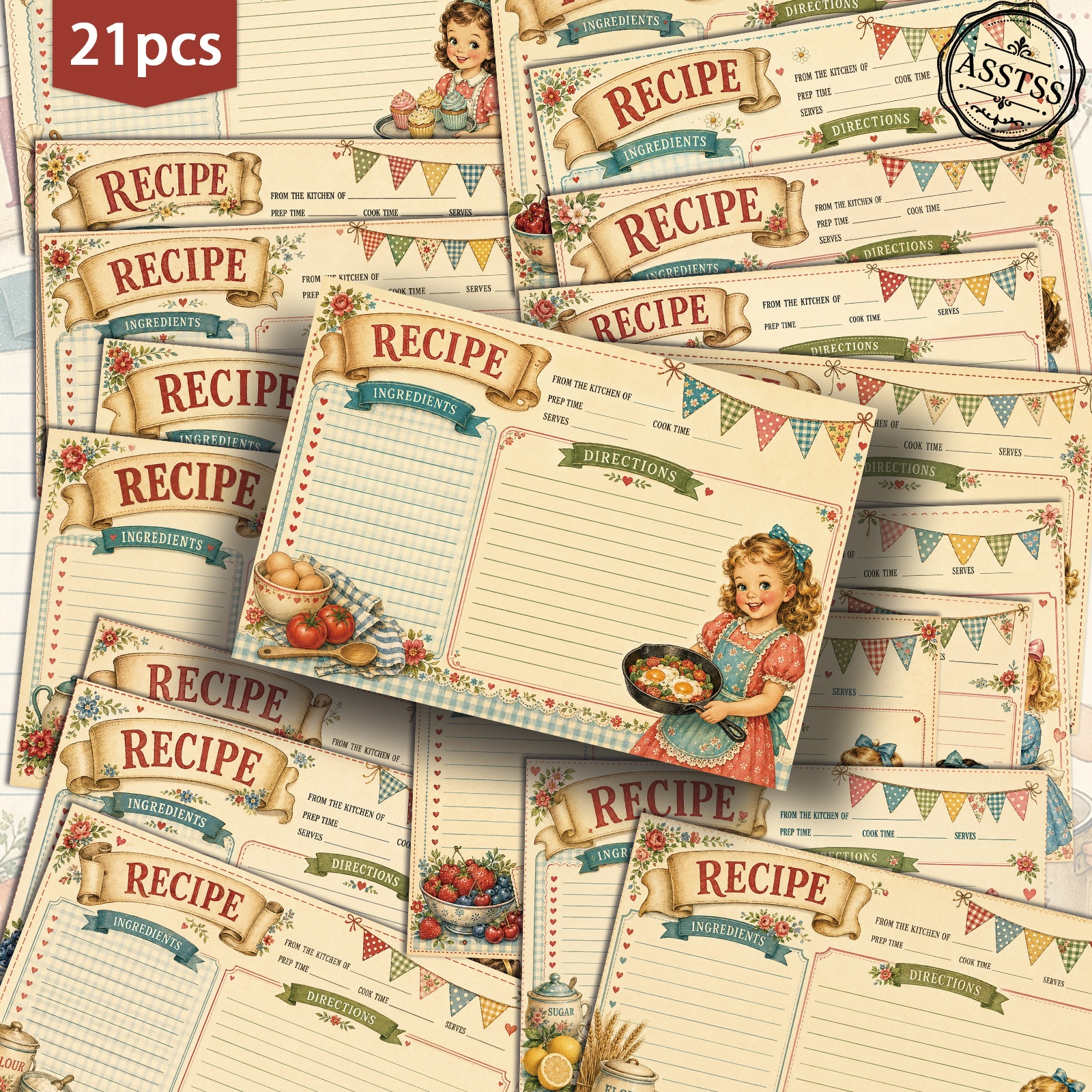 TEMU 21-pack Asstss Vintage Little Girl Recipe Postcards - 4x6 Inches Retro Junk Journal Supplies, Classic Pinup Illustrations Collectible Decorative
