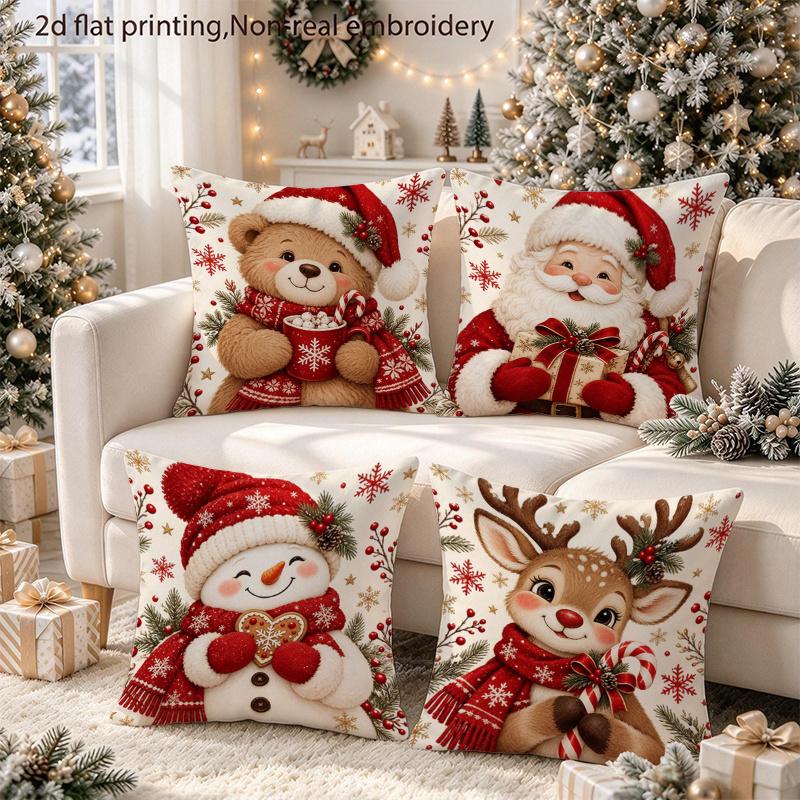 TEMU Lot de 4 taies d'oreiller plates 2D, imprimé Père Noël, , de neige et de Noël, housses de coussin de style pour décoration d'intérieur, cadeaux