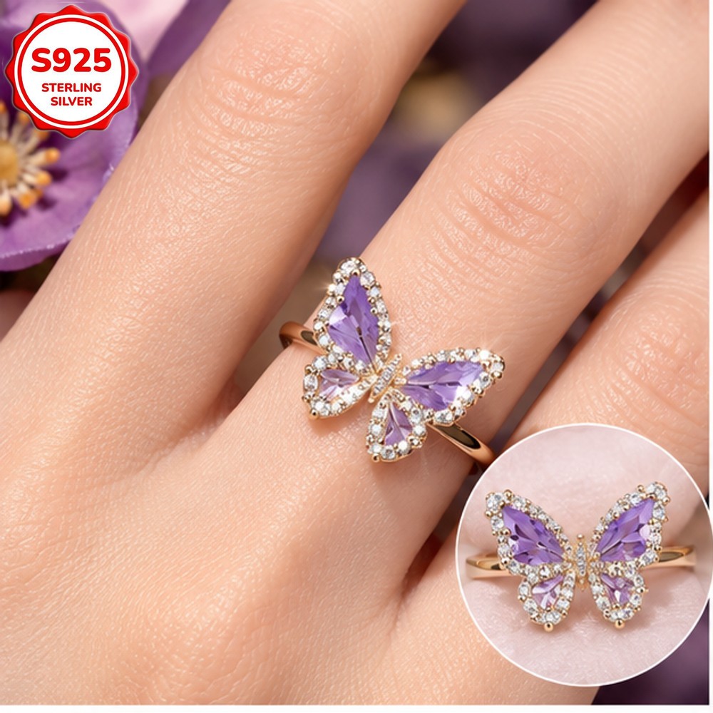Women's 3D Purple Butterfly Shaped Adjustable Ring with Zirconia