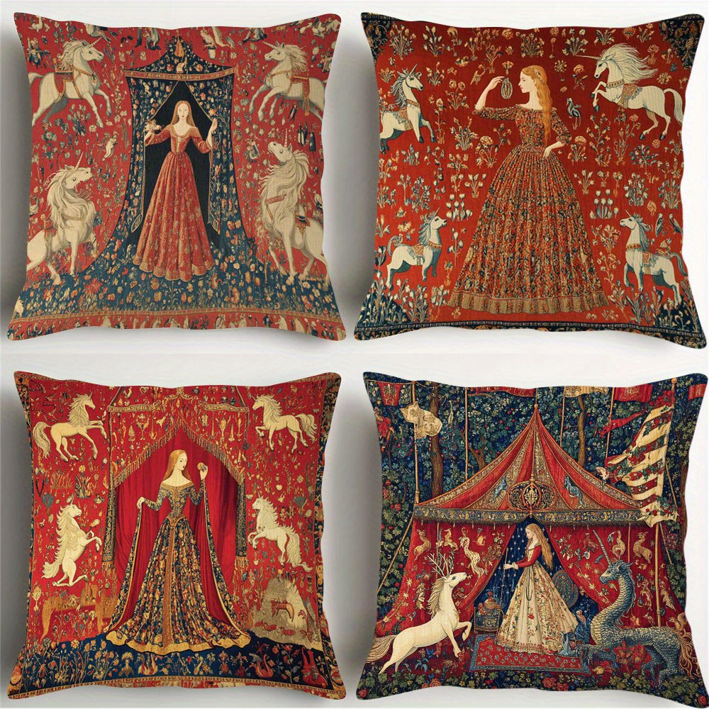TEMU Lot de 4 Taies d'Oreiller en Polyester à Thème Médiéval, Imprimé Court Peluche Simple Face, Taie d'Oreiller Zippée, Convient pour la Décoration