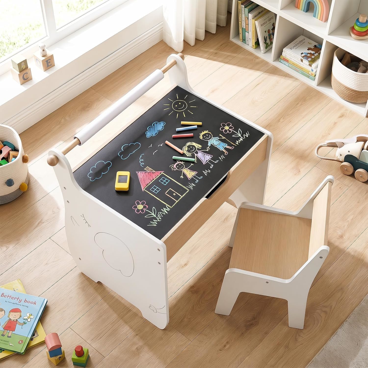 Image of Kids Art Table And Chair Set, Craft Study Desk W/reversible Blackboard & Whiteboard, Wooden Multi-activity Table W/paper Roll & Hidden Storage For Drawing, Painting, Writing, White