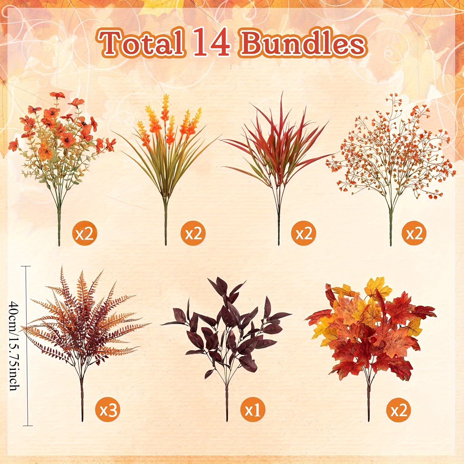 Image of 14pcs Autumn Artificial Shrub Decor - Durable Realistic Maple Leaf Mixed Bundle For Outdoor Garden Porch Party, Suitable For Thanksgiving, Halloween, And Christmas Home Decoration