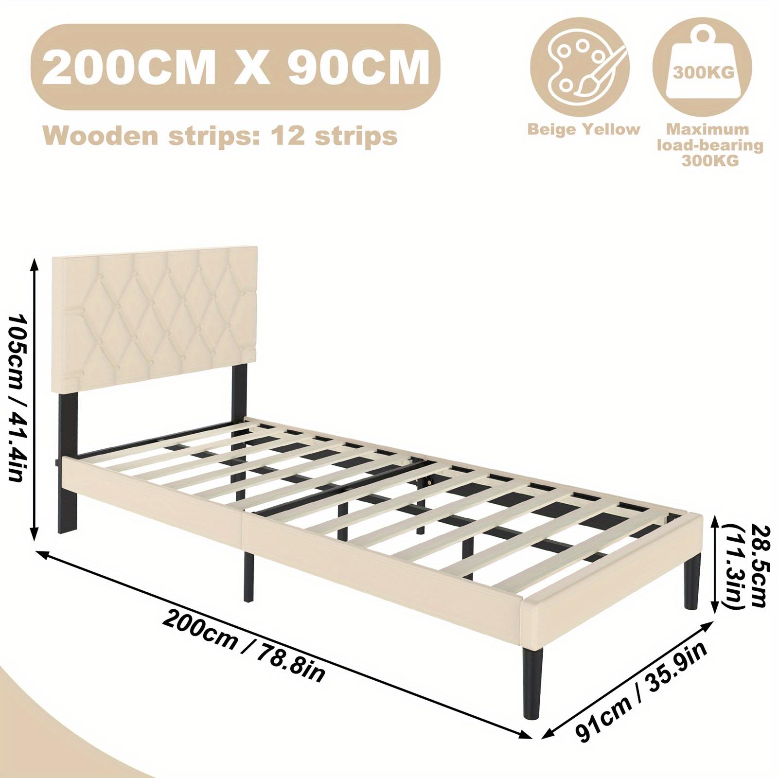 Image of 90/140/160 X 200cm Bed Beige Upholstered Bed Leather Platform Bed Frame Frame With Leather Headboard Double Bed Bedroom Bed