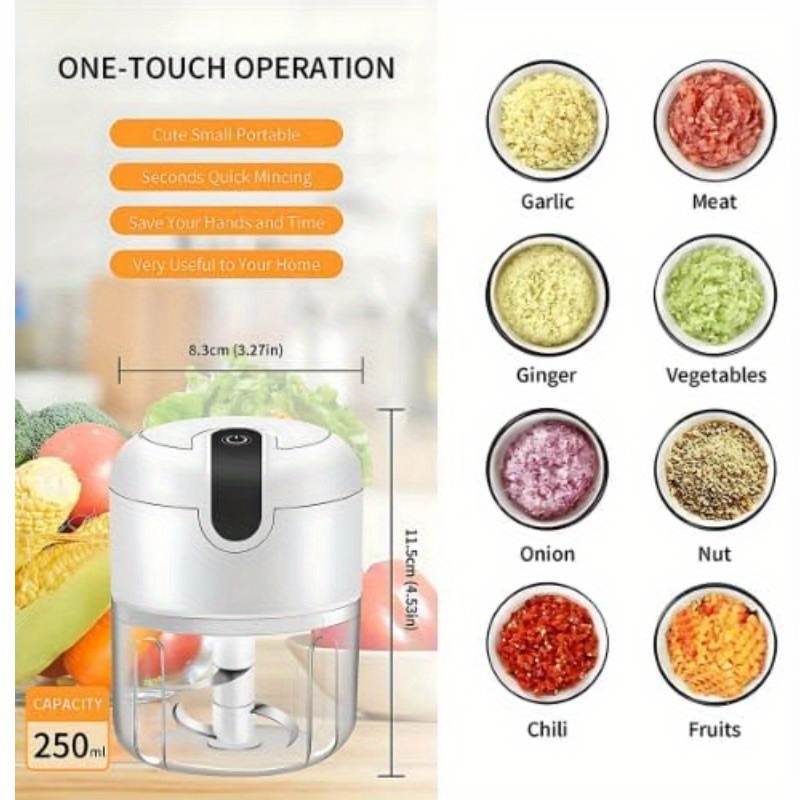 usb rechargeable electric garlic chopper & food processor with stainless steel blades, bpa-free bowl, 60w powerful motor & 12-second chopping time - portable mini chopper for garlic, onion, herbs, nuts, spices, dips -   with ergonomic lid & brush attachment, cordless operation, usb-powered for home, office, travel, garlic crusher, garlic slicer thin cuts, garlic rocker, electric food chopper, chopper for food and vegetable, garlic peeling machine Product details 5