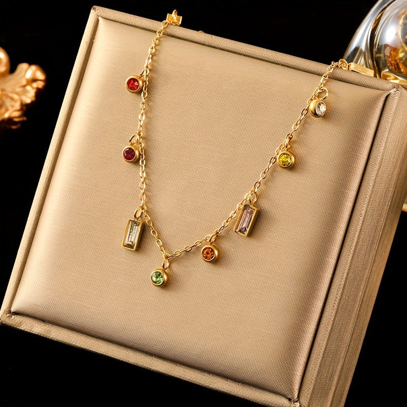 TEMU A Ganemly Women's Elegant Cubic Zirconia Necklace - Multicolored (red, Green, Blue, Pink, Yellow, White, Brown) Square Bezel Pendant, Golden