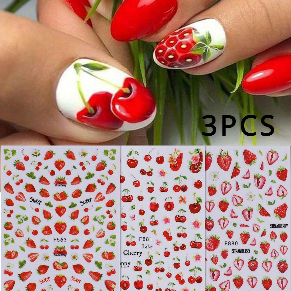 Set Of 3 -themed Nail Art Stickers Featuring Strawberry And Cherry Designs, Perfect For Decoration For Women And