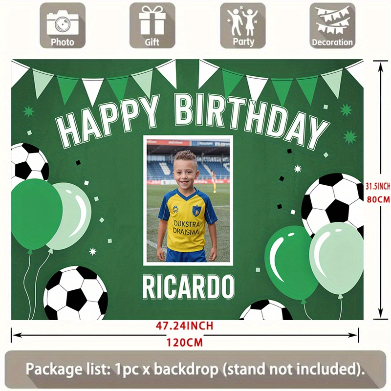 TEMU 1pc Personalized Birthday Backdrop With Soccer Theme - Custom Name, Green Balloons & Footballs, White Stars, Polyester Party Decoration For Cake
