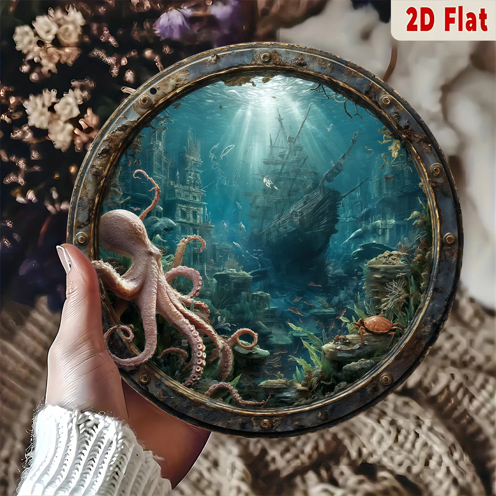TEMU 2d Flat, Round Metal Wall Art Sign, Wall Hanging Decoration Metal Sign, Decorative Sign, Underwater Octopus With Shipwreck And Design, Perfect