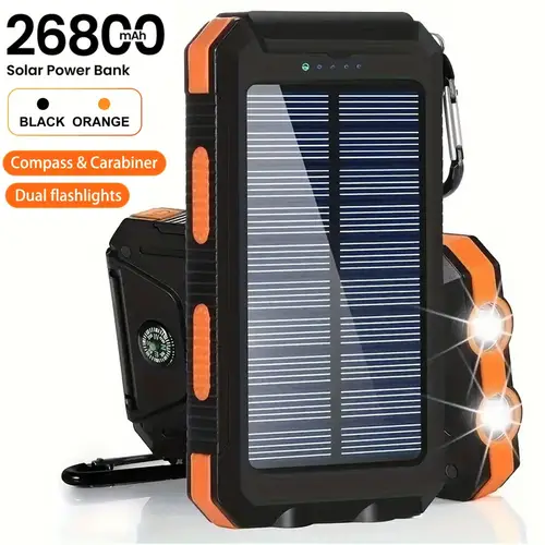 26800mah solar charger power bank portable charger with dual bright flashlights compass camping external backup battery pack dual 5v usb ports output external battery pack for all cell phones electronic devices