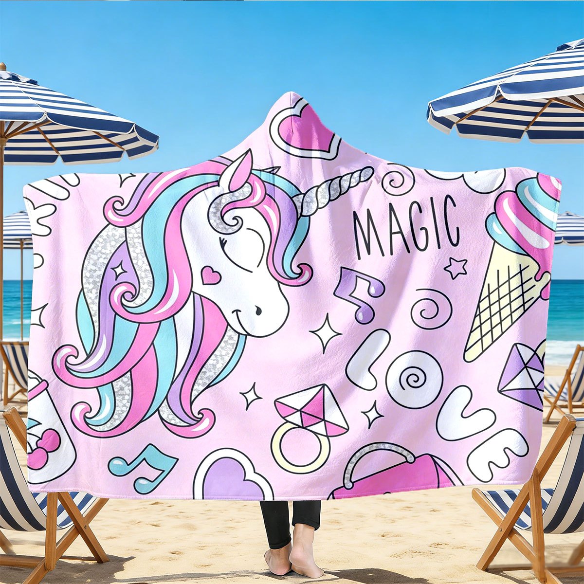 TEMU 1pc Pink Unicorn Print Hooded Beach Towel, A Girly-themed Hooded Bath Towel, A Unisex Multi-functional Wearable Beach Blanket, Perfect For
