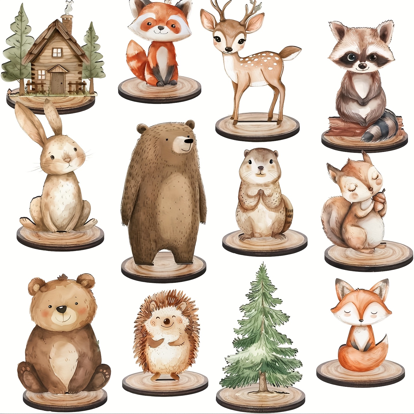 E-shop 2D-Flach, 12-tlg. 2D-flache Waldtier-Ornamente – Rustikale Tischdeko mit Waldgeschöpfen, inklusive Fuchs, Bär, Hirsch Hase, Dekoration im
