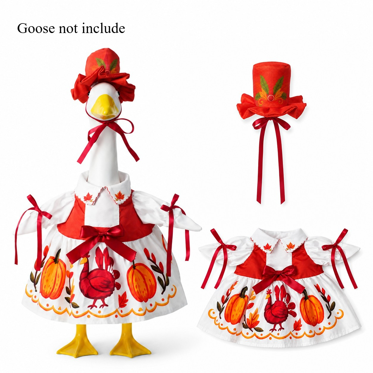TEMU Tenue d'oie de 23 pouces, robe à imprimé citrouille et de Thanksgiving avec bonnet assorti, vêtement de récolte d'automne pour statue d'oie
