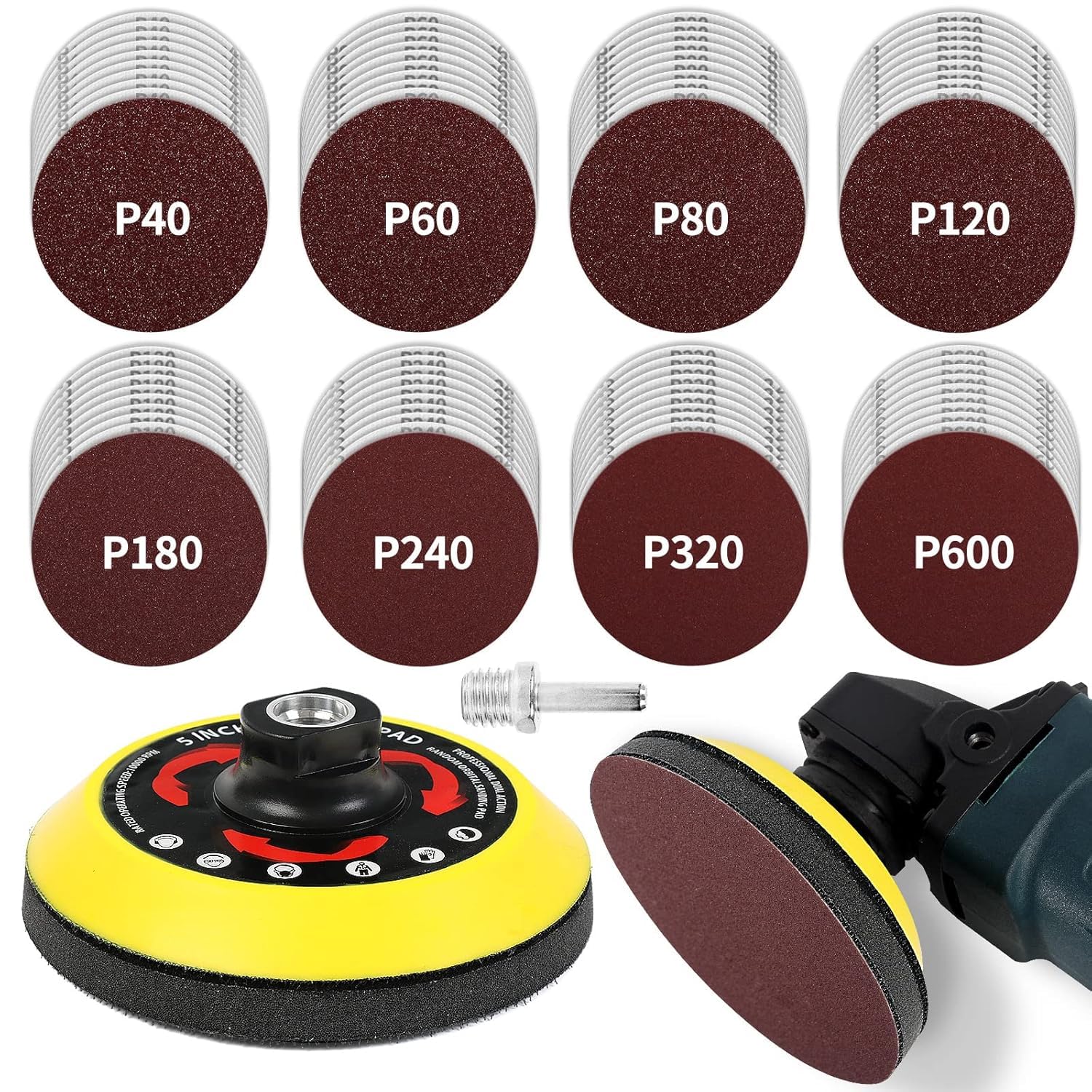 E-shop Schleifpad-Set für 125-mm-Winkelschleifer mit - 80 Schleifpapierblättern, inklusive M14-Unterstützungsplatte und Schaft - Zusatzteile für Holz-
