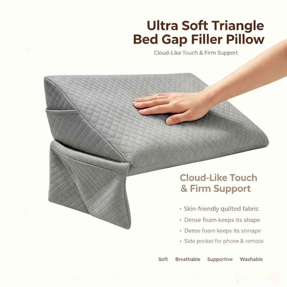 Image of Triangle Wedge Pillow, Home Ergonomic 15cm Block Pillow, Soft Breathable Quilted Wedge Cushion With Storage Pocket, Prevent Items Falling Between Mattress And Headboard