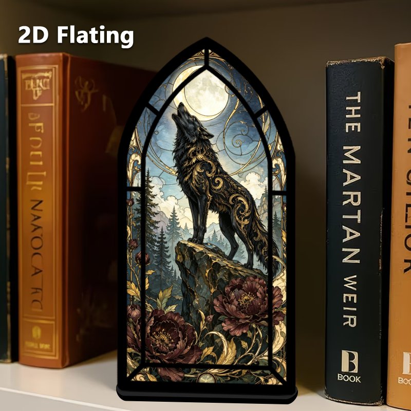TEMU 1pc 20x10 Acrylic Father's Day Gift Bookend, 2d Stained Black Wolf Forest Peony Pattern Decorative Bookend, Durable And Beautiful Bookshelf