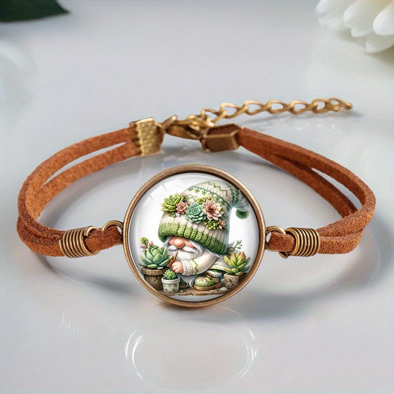 Men's 2pcs Flower Succulent Gnome Handmade Glass Cabochon Bracelets