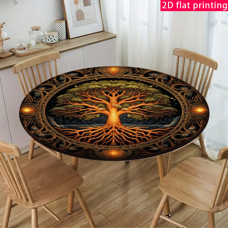 TEMU 2d Exquisite Celtic Style Tree Of Life Myth Pattern Elastic Round Tablecloth, Perfect For Indoor And Outdoor Picnics And Camping Activities.