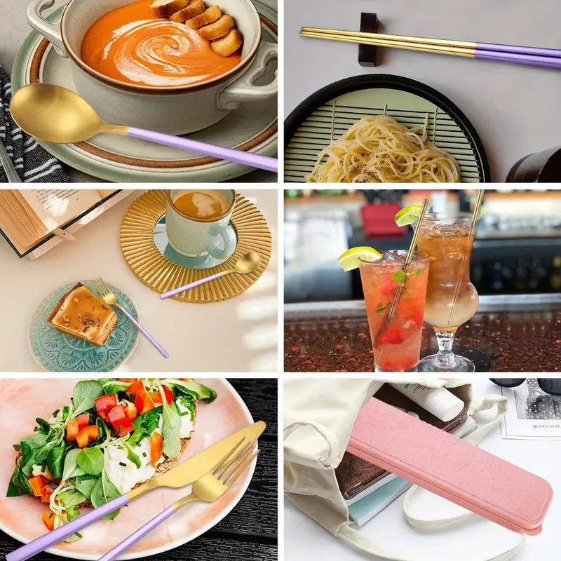 8pcs stainless steel flatware set portable reusable cutlery set travel utensils set including chopsticks knife straws cleaning brush dishwasher safe b purple golden Product details 7