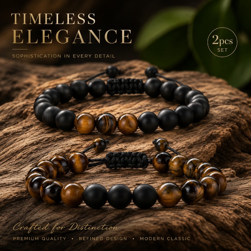 TEMU Set braccialetti regolabili intrecciati con pietra occhio di tigre per , con perline nere opache abbinate a perline testurizzate in occhio di