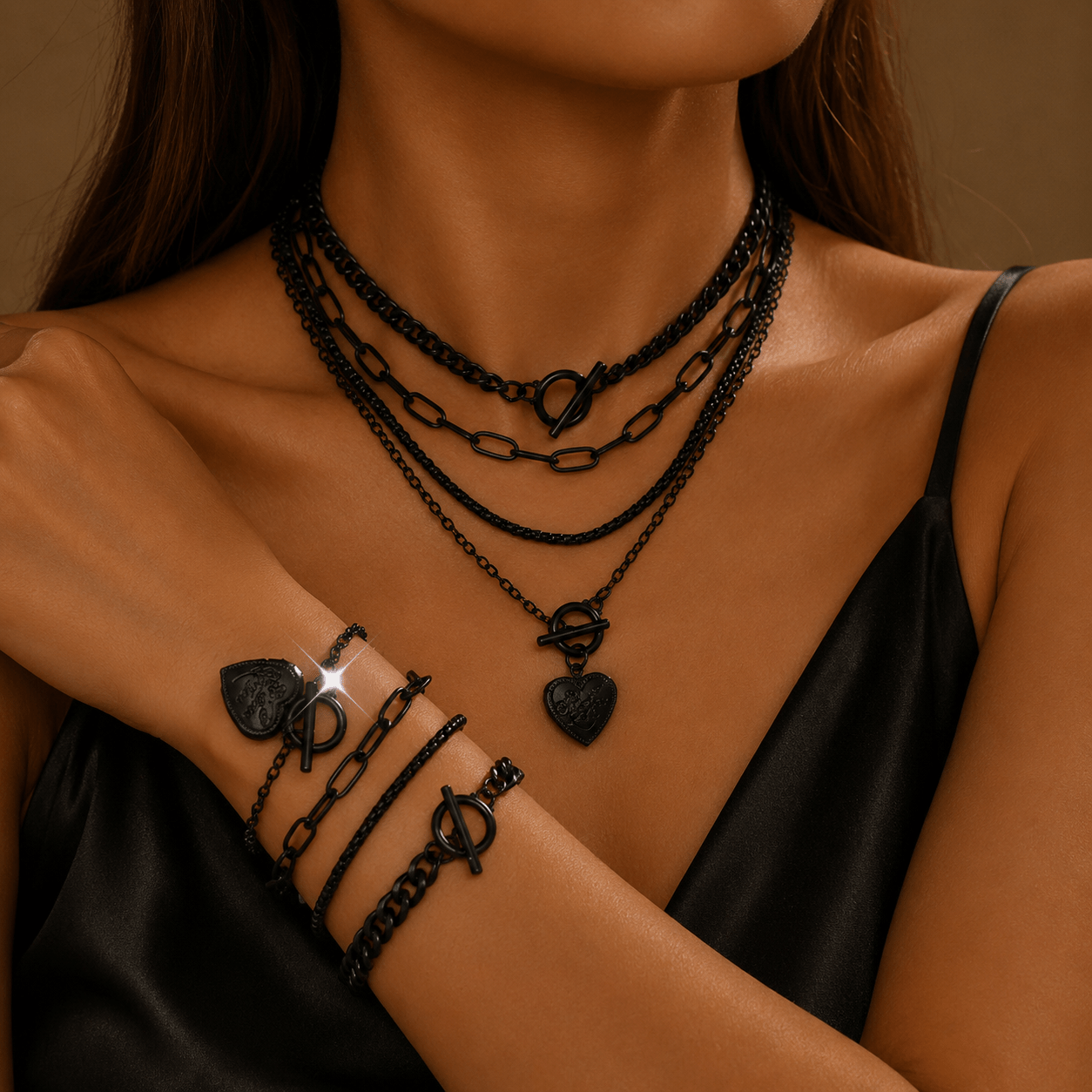 TEMU 4 Bracelets   4 Necklaces, Men's Bohemian Style, Black Heart Locket (openable) Pendant, Chain Layered Stacking Men's Jewelry Set, For Daily