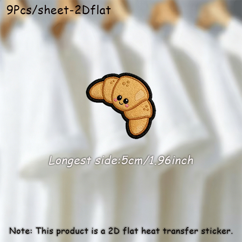 TEMU 9 stuks/vel Croissant-patch warmteoverdrachtstickers geschikt voor platte stoffen zoals T-shirts, kleding, hoeden en broeken (2D platte
