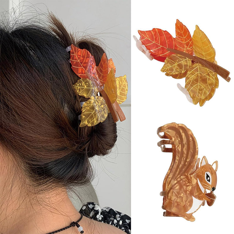 TEMU 2pcs Thanksgiving Fall Hair Clips Squirrel Maple Leaf Hair Claw Clip Autumn Orange Yellow Hair Clamp Cute Claw Clip Thanksgiving Hair Jaw Clips