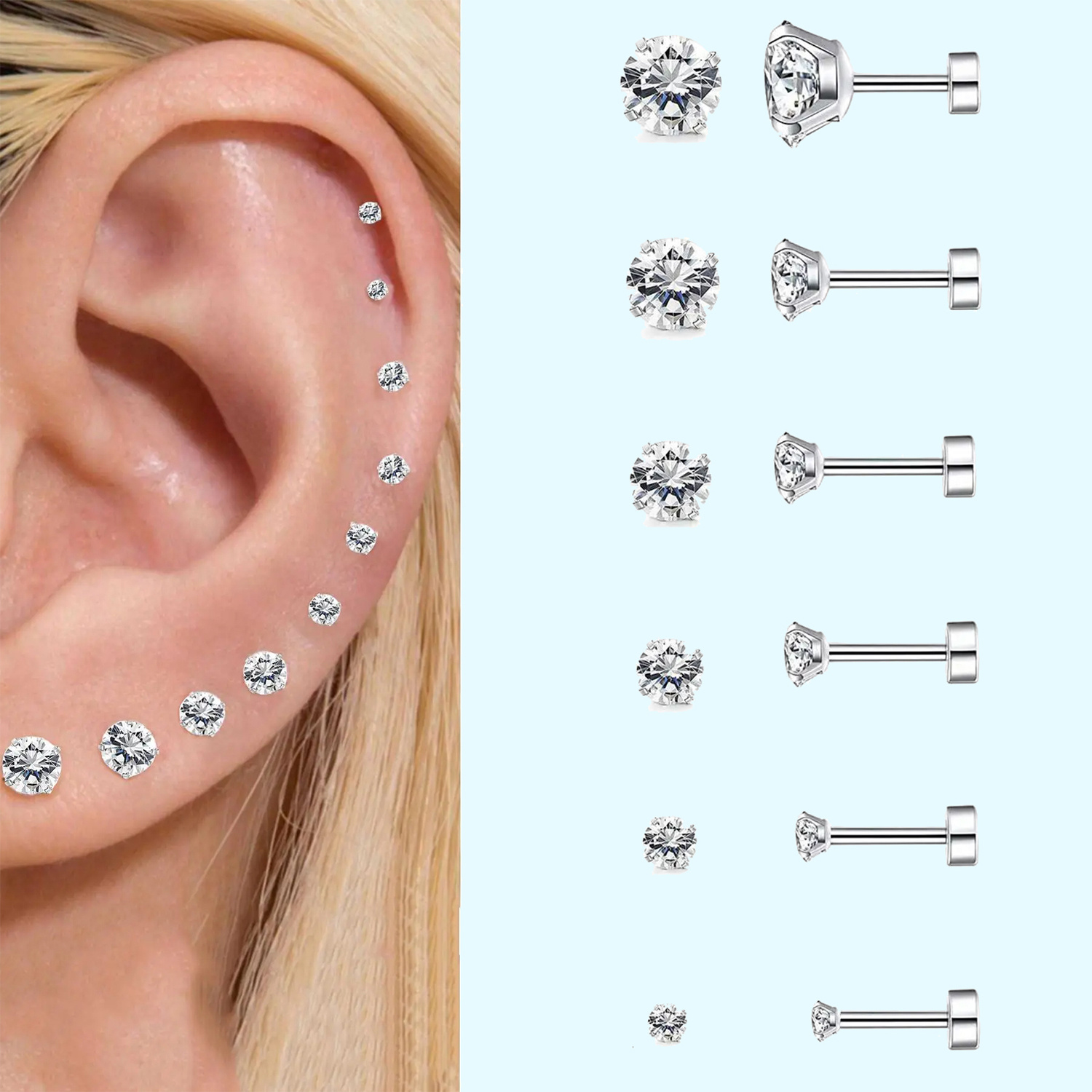 TEMU 6pairs Earrings Set, 304 Stainless Steel Cubic Zirconia Ear Bone Studs, 20g Ear Cartilage Piercing Earrings, Body Piercing Jewelry, Fashion