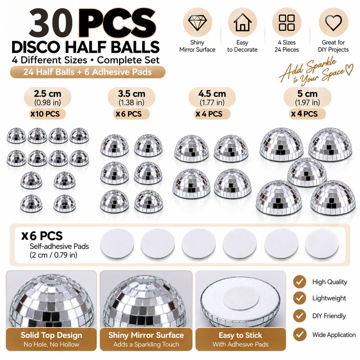 TEMU 24 Disco Hemispherical Mirror Decorations, +6 Adhesive Pads, 30pcs Set Of 4 Sizes Reflective Mosaic Mirror Hemispheres, Self-adhesive Shiny Diy