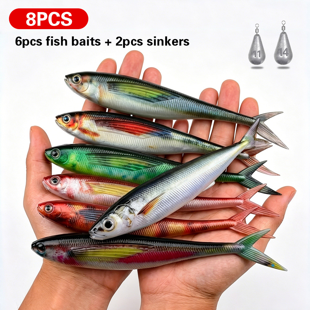TEMU 8pcs Extra Large Soft Fishing Lure Set Mackerel Sardine Sinking Bait Saltwater Boat Fishing Lifelike Lure For Sea And Mackerel Durable Tackle