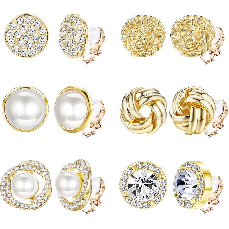 Image of 6 Pairs Clip On Earrings | Cubic Zirconia Pearl Knot Twist, Non Pierced For Women, Copper, Synthetic Zirconia, Milacolato Brand