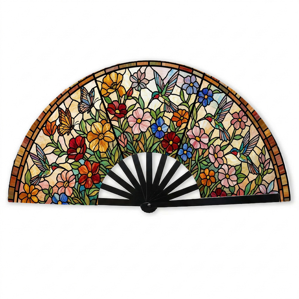 TEMU 1pc Dress Nouveau Folding Fan Mosaic Roses & Hummingbird Lightweight And Use Or Outdoor Activities, Making It A Fashionable Accessory With A