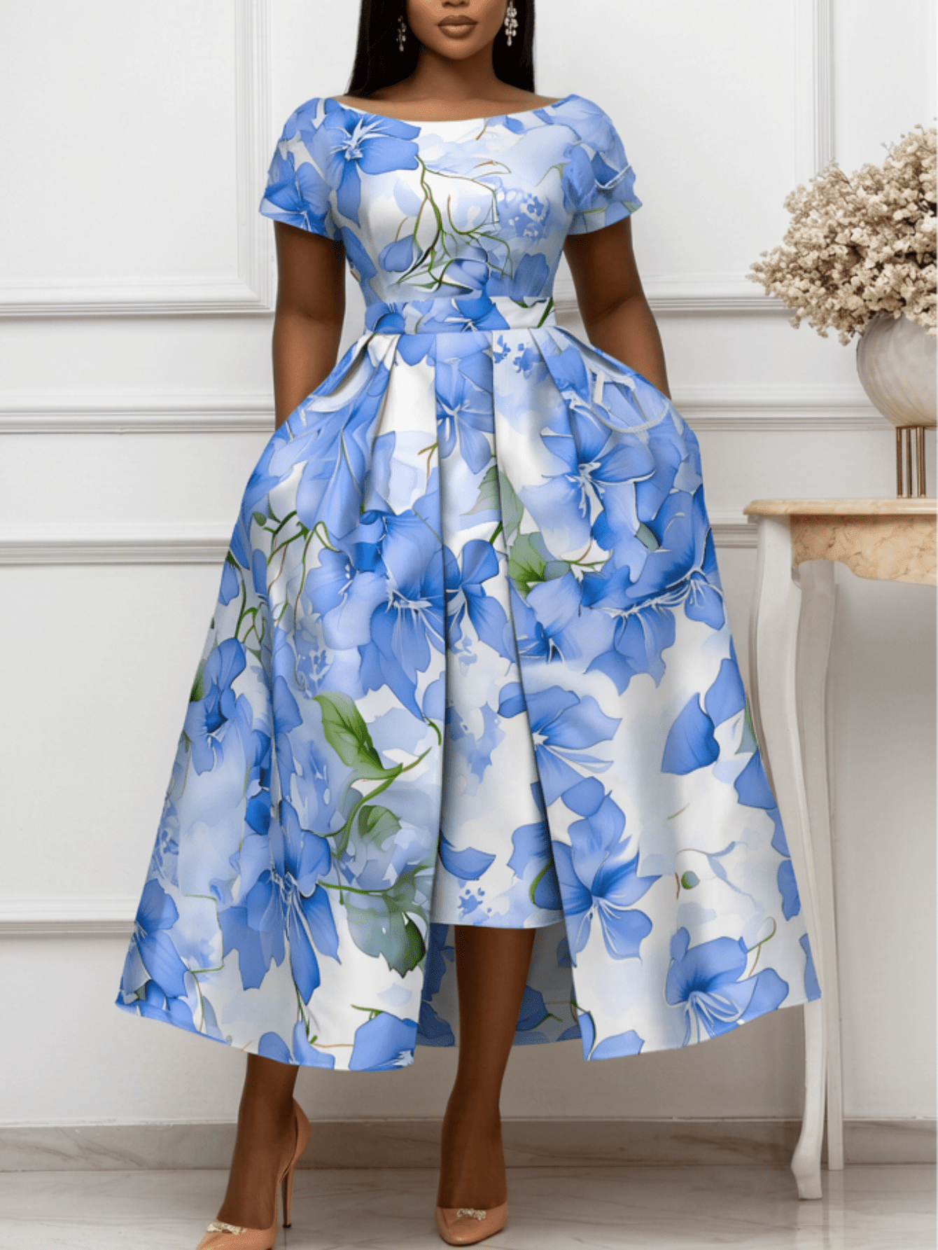 temu blue dress Off-Shoulder Short-Sleeve Floral Print Waist-Cinching High-Low Dress, Elegant Style, Flattering Design for Commuting, Banquets and Semi-Formal Occasions Detachable Knot Gold Lace pair:paisley-kitten-heels-with-spiral-hardware-black Color:M-Sky Blue