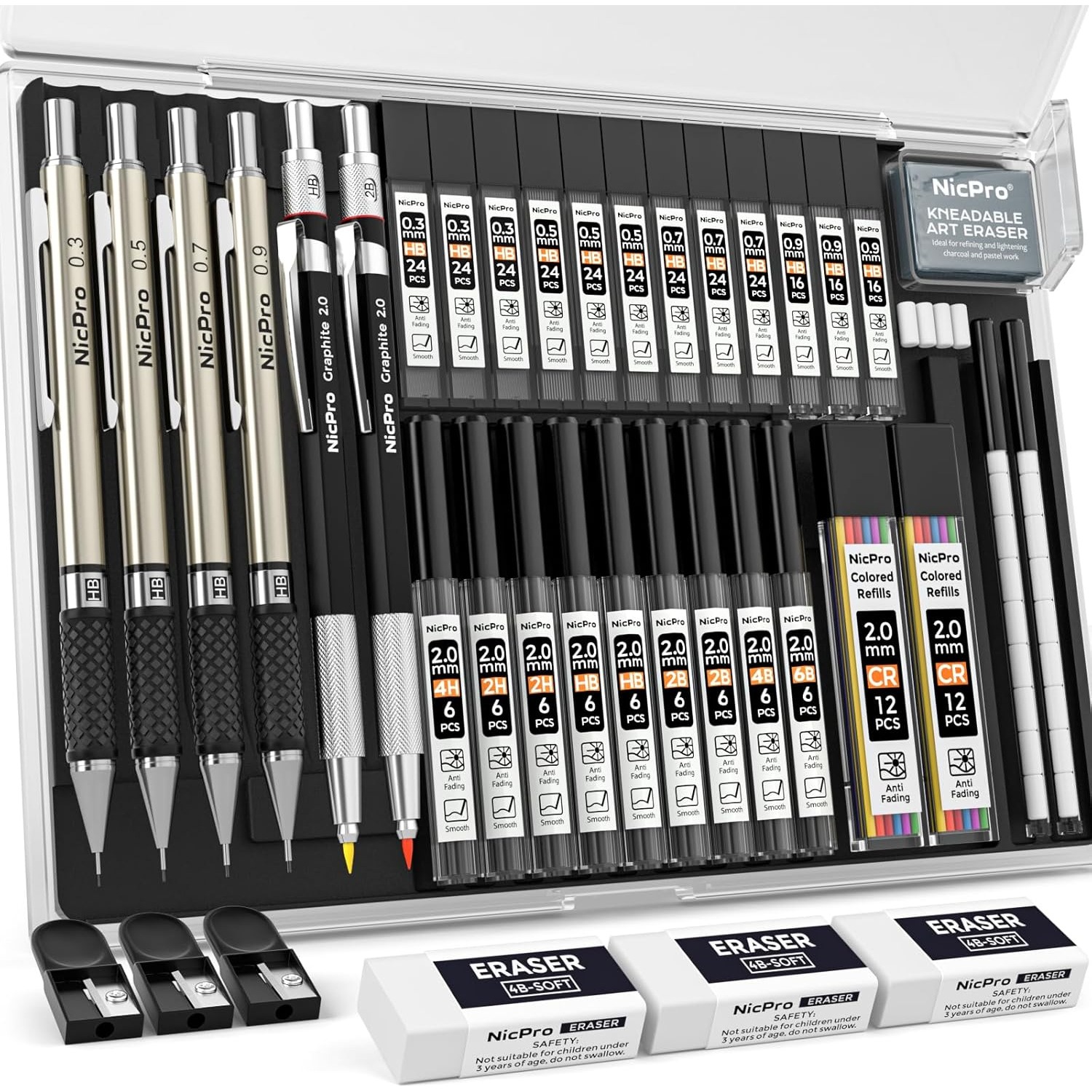 Image of 6pcs Art Mechanical Pencil Set, 4pcs Metal Drafting Pencil 0.3mm & 0.5mm & 0.7mm & 0.9mm & 2pcs 2mm Lead Holder (6b 4b 2b Hb 2h 4h) For Sketching Drawing With 20 Tube Lead Refills Case