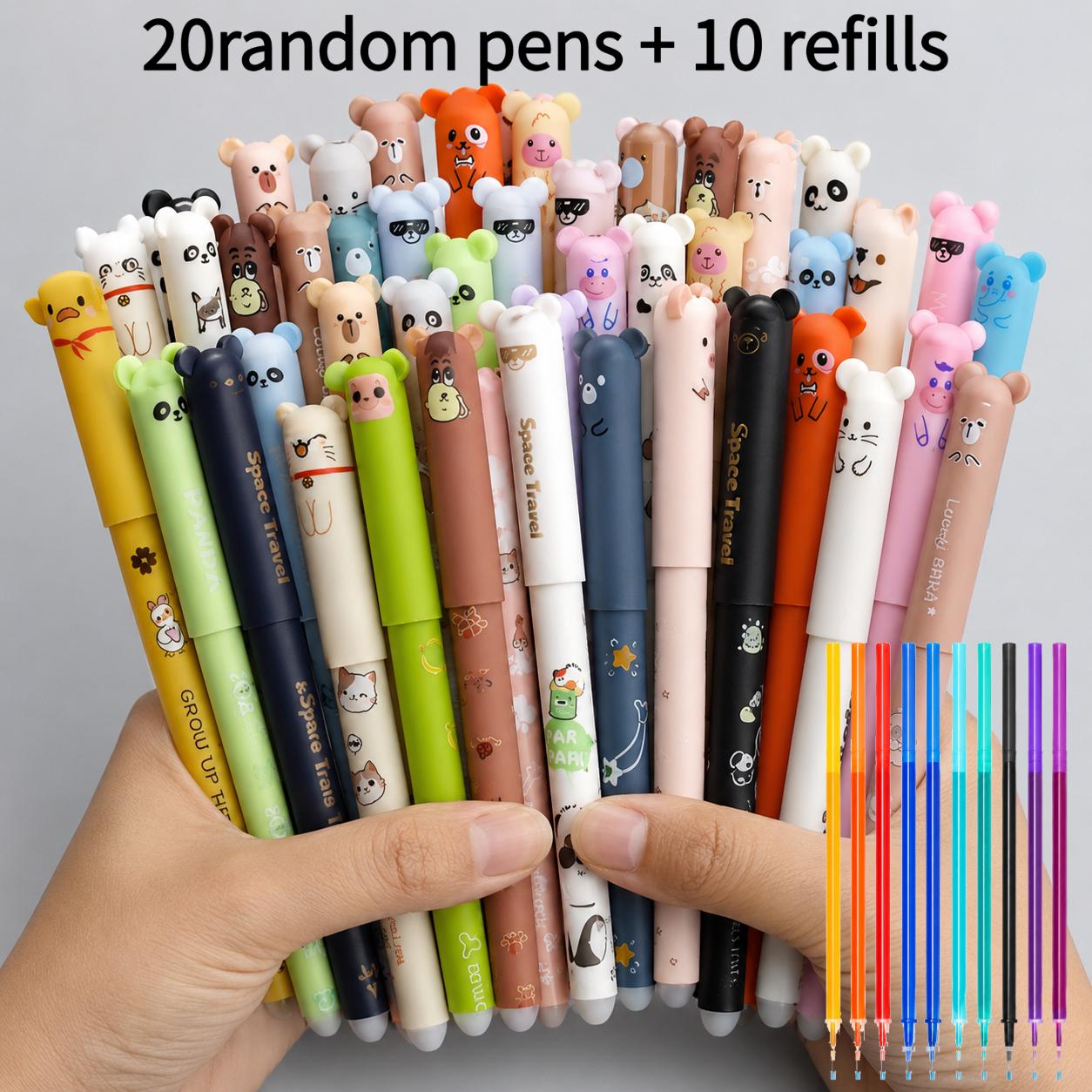 TEMU 20 Random Pens + 10 Refills, 0.7mm Erasable Gel Pens, Animal Print Design, Thermal Sensitive Erasable Ink, Cute Refillable Water-based Pens,