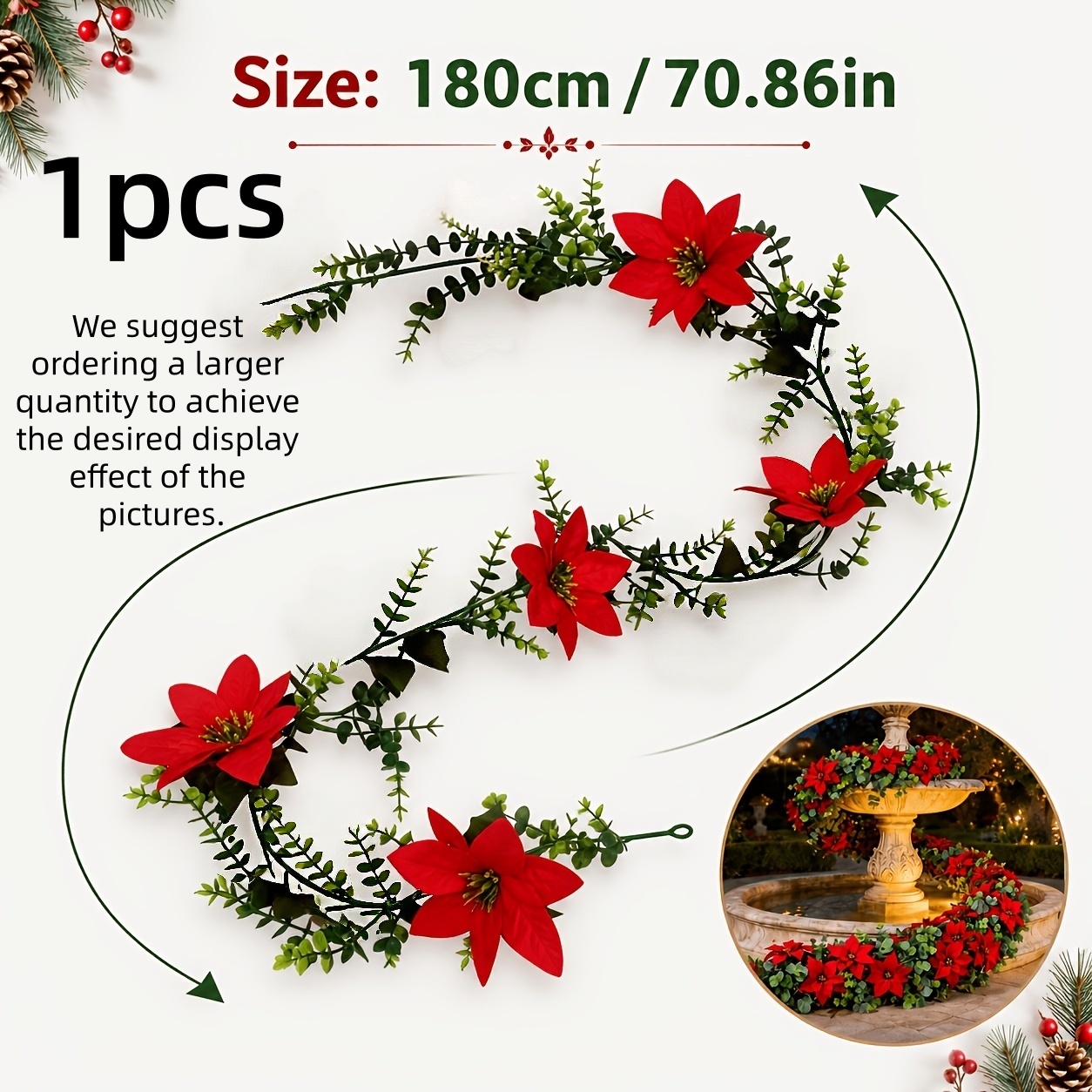 TEMU 1pc Christmas Artificial Beautiful Eucalyptus Red Poinsettia Rattan Decoration - Realistic Artificial Flower, Suitable For Indoor/outdoor Use,