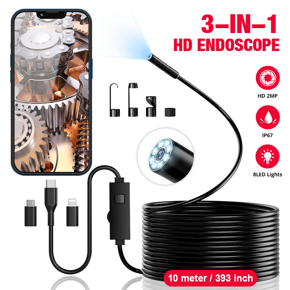 Endoscope Camera With Light, 1920p Hd Endoscope, Featuring 8 Adjustable Led Lights, Ip67 Semi-rigid Inspection Camera, Compatible With For Iphone And Phones