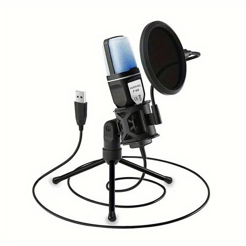 micrófono para juegos, micrófono usb para pc para videos de podcast, streaming multimedia, micrófono de condensador con función de rápido, , cubierta anti-spray, luz indicadora rgb, amortiguador, botón de rotatorio, compatible con ps4/5/pc