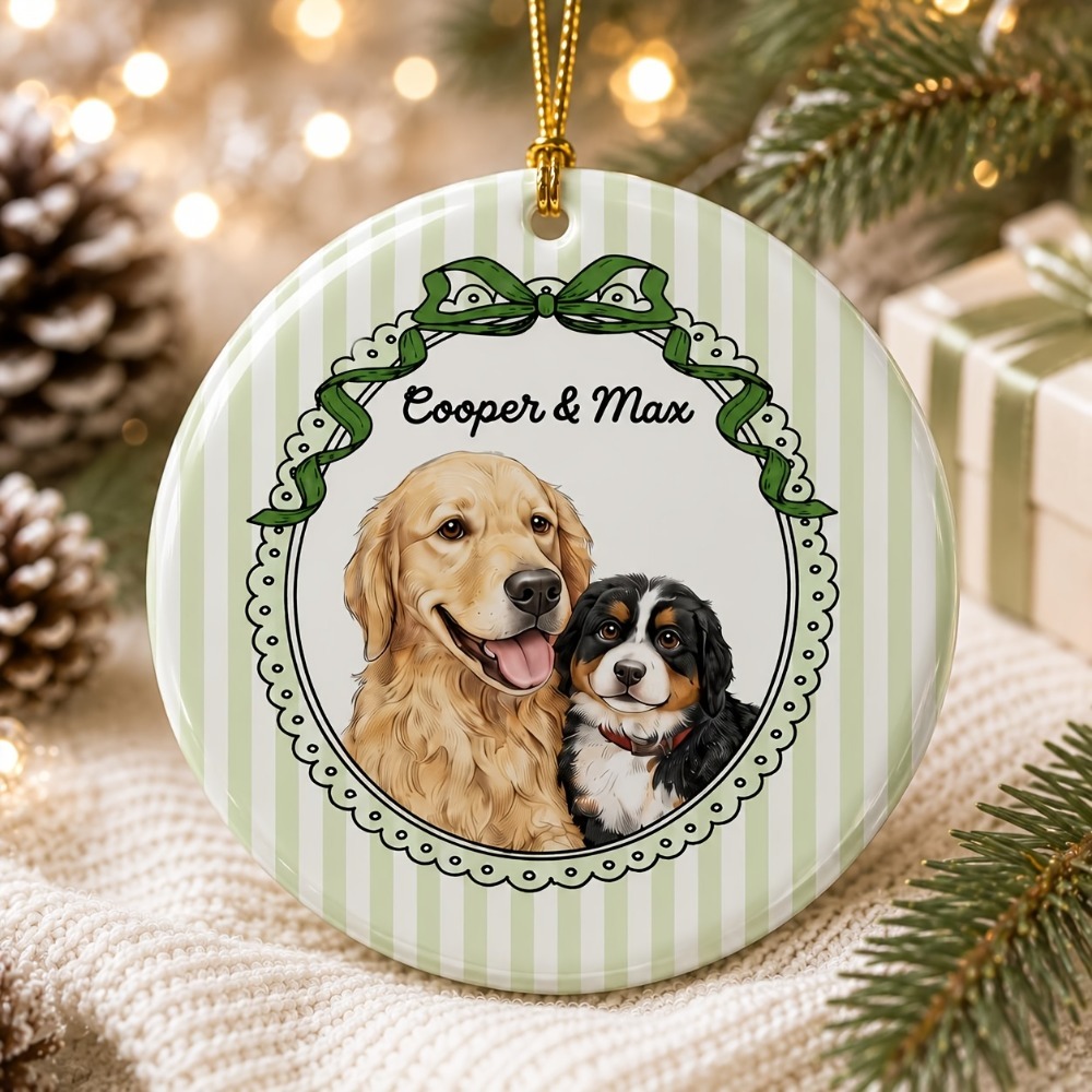 TEMU 1pc Personalized Pet Photo Name Ceramic Christmas Ornament, Multi-style Striped Bow Scalloped Picture Frame Portrait Pendant, Universal For Cats
