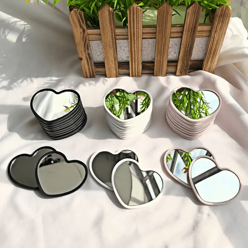 

8pcs Heart-shaped Portable Mirrors - , Pink, White, Black Frames, Polished Surface, Makeup, Travel & Home Decor, Decorative Wall Mirror