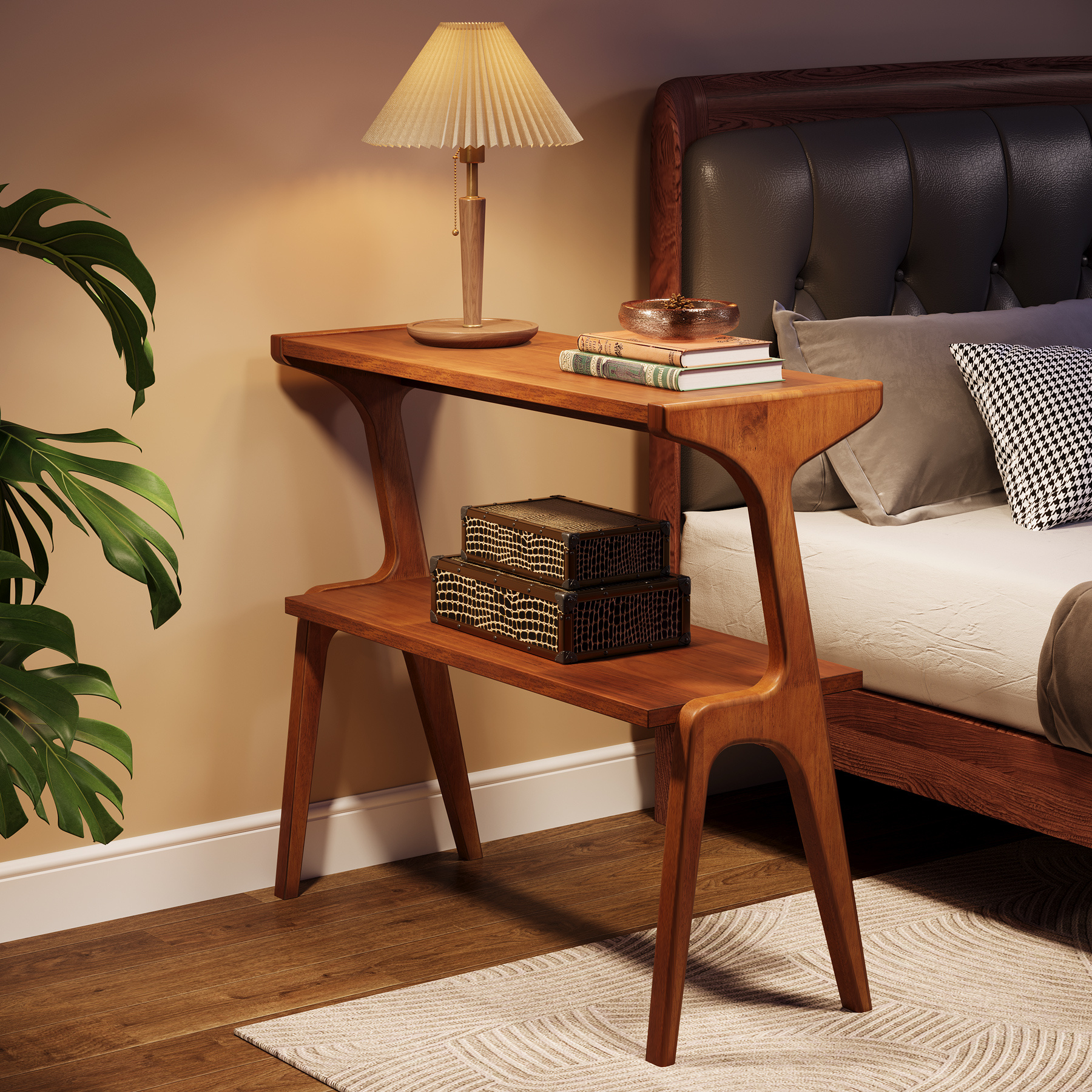 Solid Wood End Table with 2-Tier Storage Shelf