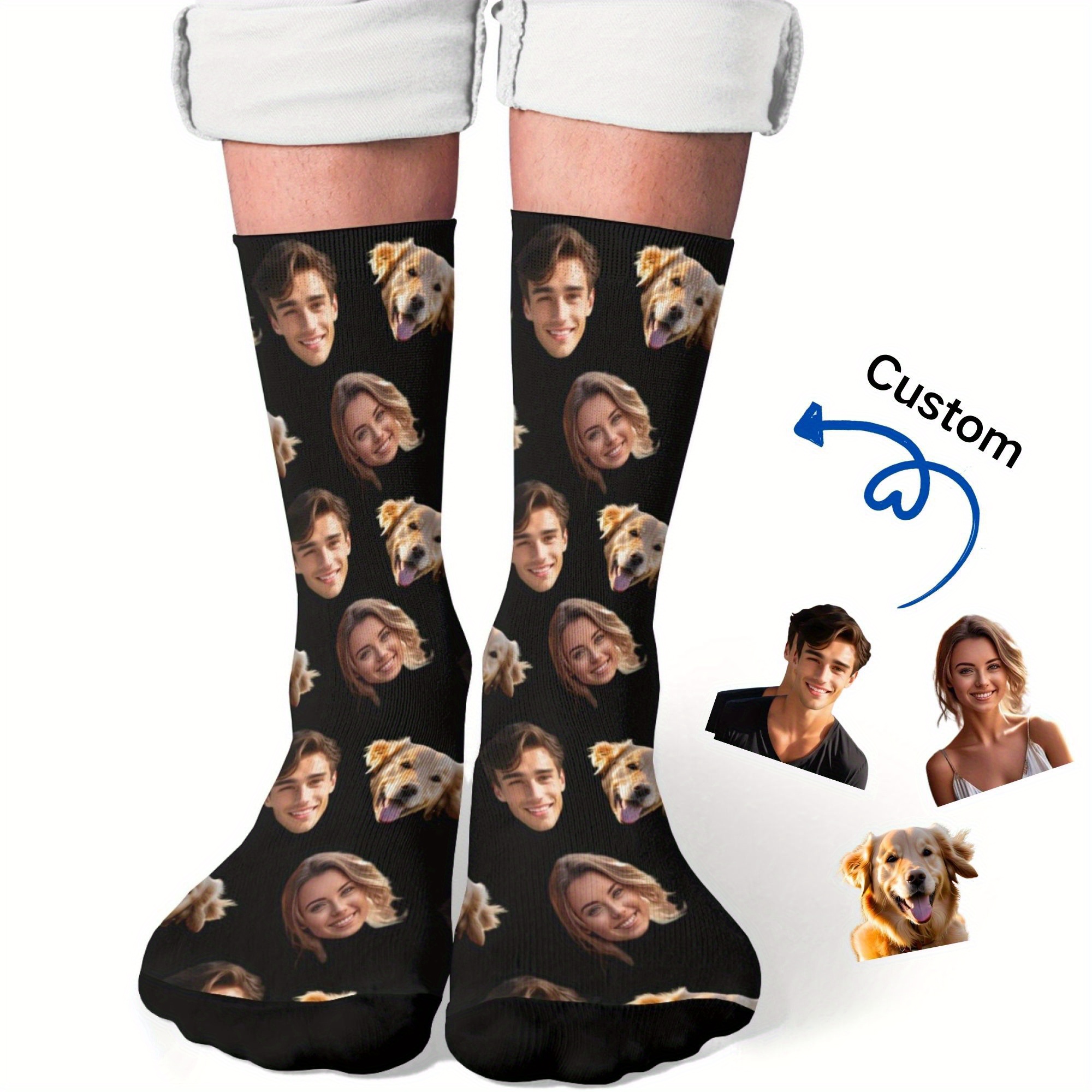 Image of A Pair Of Custom Mid-calf Socks, Diy Photo Portrait Socks, Perfect Gift For , Girlfriends, Or Lovers, Made From 100% Knit Fabric, A Unique And Personalized Holiday Gift